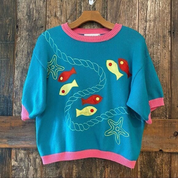 Renso Fabiani 1980’s Vintage Turquoise 2 Sided Fabric Fish Short Sleeve Sweater - Picture 2 of 8